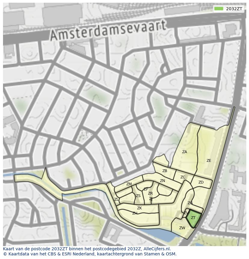 Afbeelding van het postcodegebied 2032 ZT op de kaart.