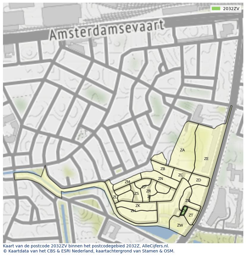 Afbeelding van het postcodegebied 2032 ZV op de kaart.