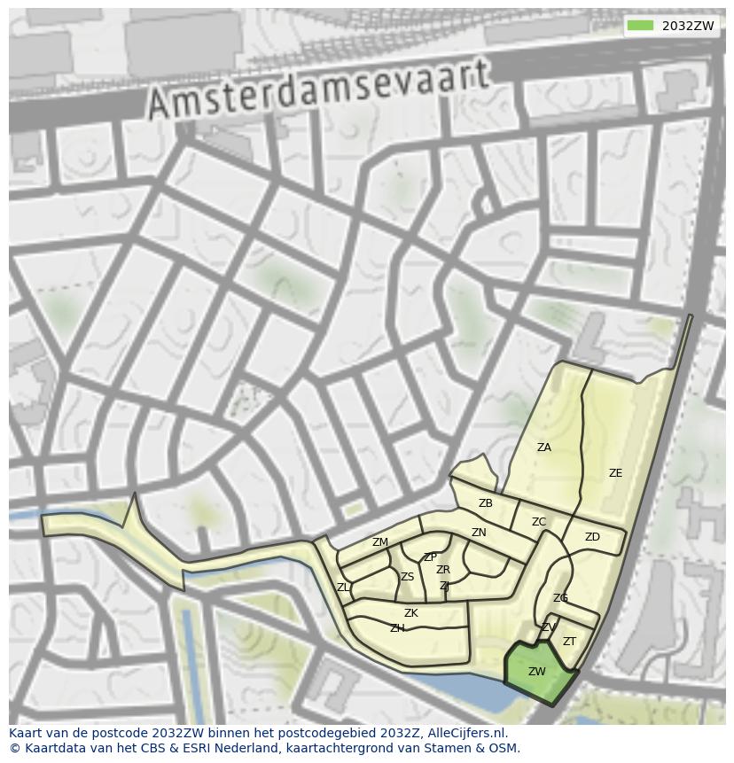 Afbeelding van het postcodegebied 2032 ZW op de kaart.