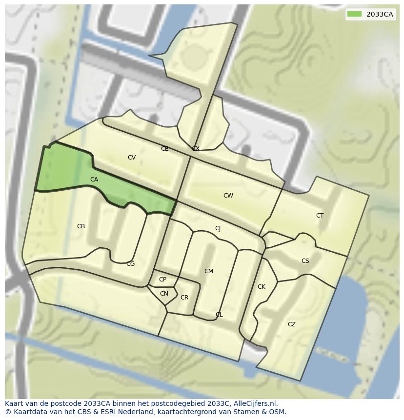 Afbeelding van het postcodegebied 2033 CA op de kaart.