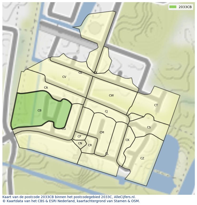 Afbeelding van het postcodegebied 2033 CB op de kaart.