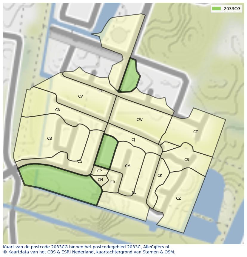 Afbeelding van het postcodegebied 2033 CG op de kaart.