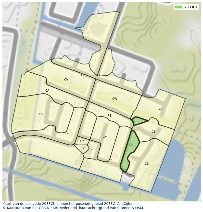 Afbeelding van het postcodegebied 2033 CK op de kaart.