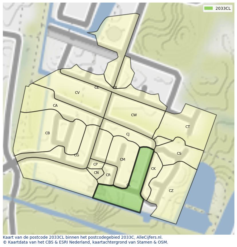 Afbeelding van het postcodegebied 2033 CL op de kaart.