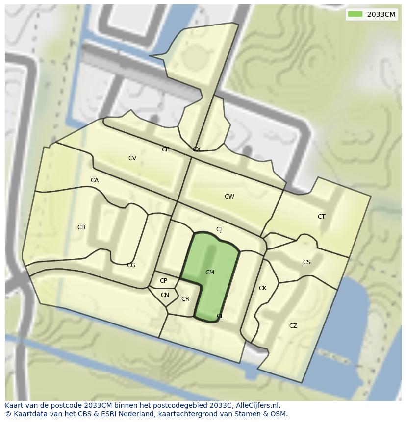 Afbeelding van het postcodegebied 2033 CM op de kaart.