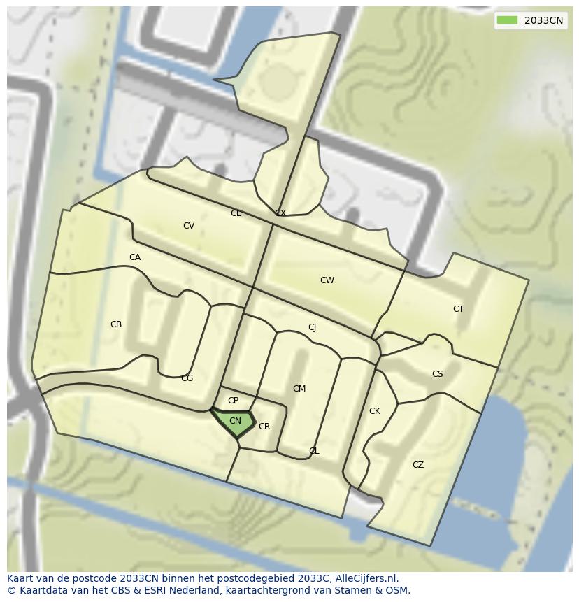 Afbeelding van het postcodegebied 2033 CN op de kaart.