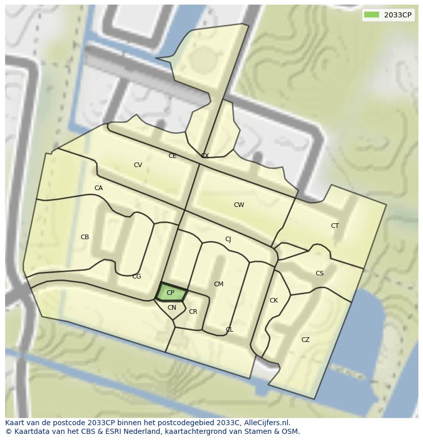Afbeelding van het postcodegebied 2033 CP op de kaart.