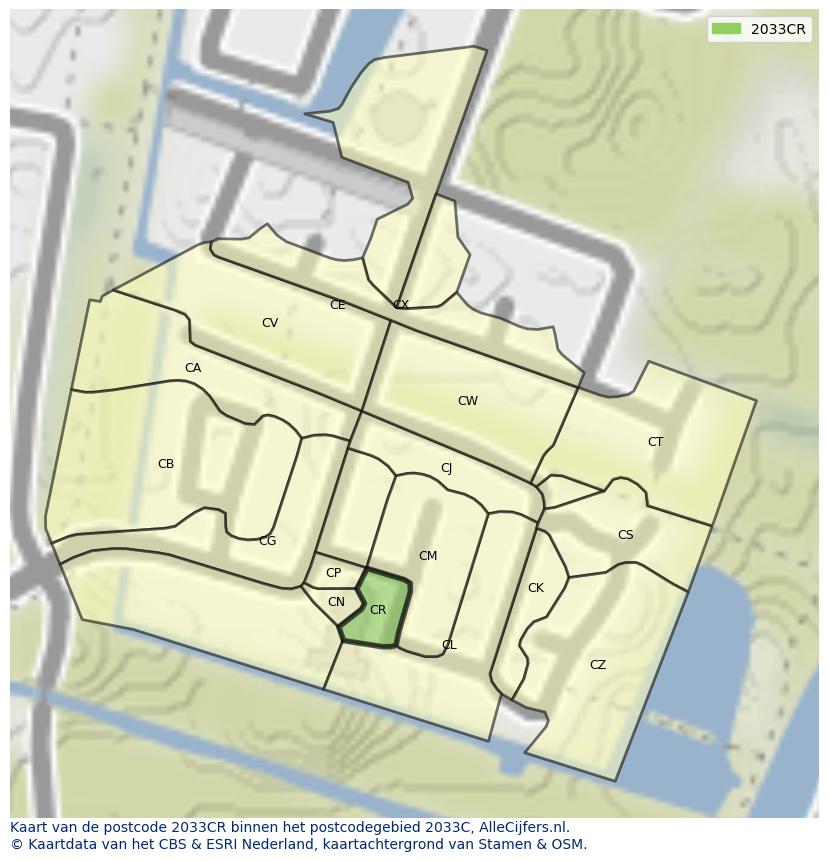Afbeelding van het postcodegebied 2033 CR op de kaart.