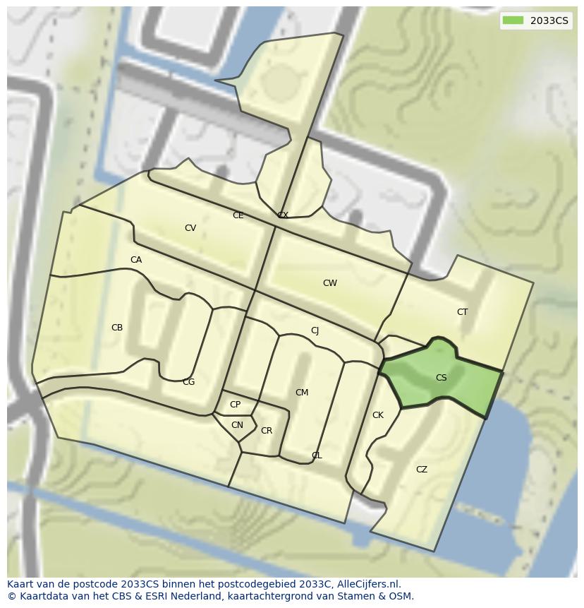 Afbeelding van het postcodegebied 2033 CS op de kaart.