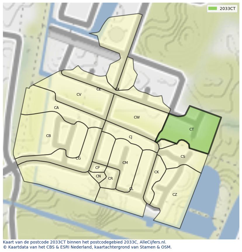 Afbeelding van het postcodegebied 2033 CT op de kaart.