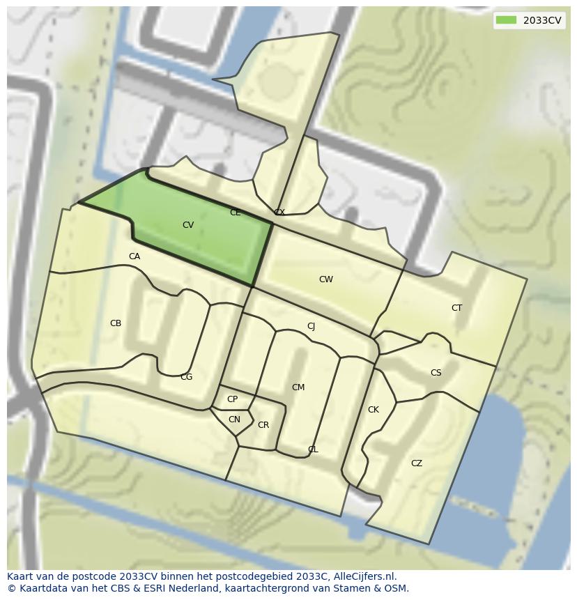 Afbeelding van het postcodegebied 2033 CV op de kaart.