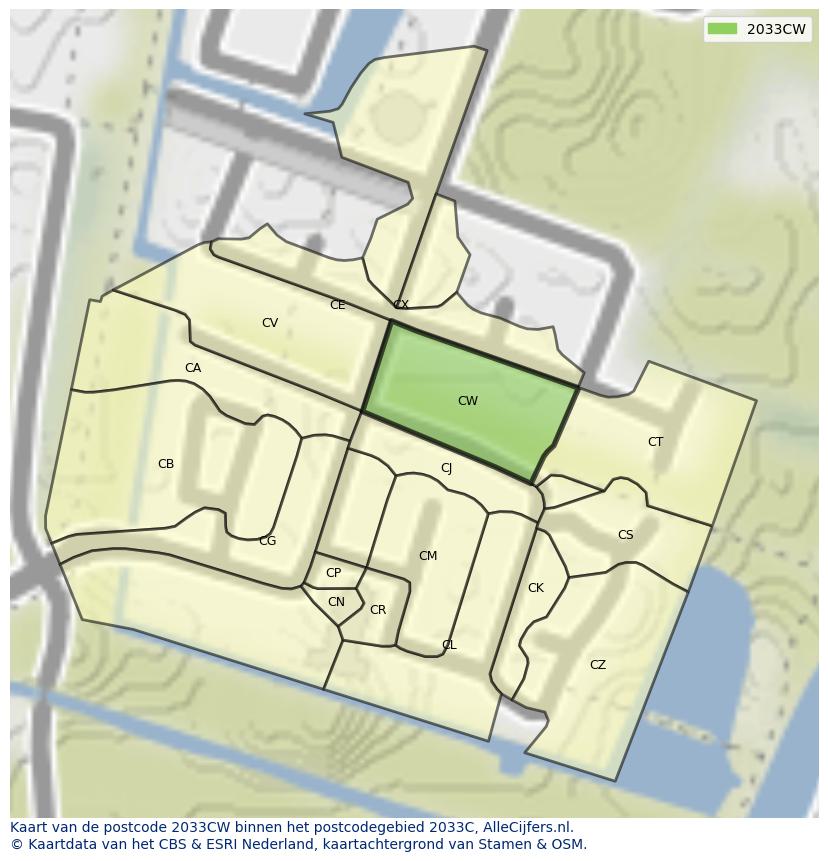 Afbeelding van het postcodegebied 2033 CW op de kaart.