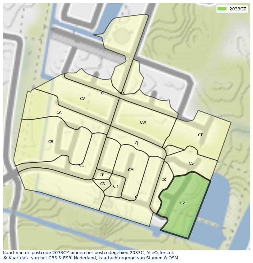Afbeelding van het postcodegebied 2033 CZ op de kaart.