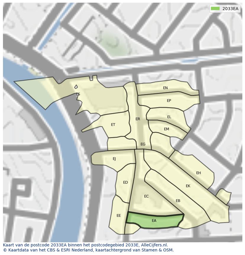 Afbeelding van het postcodegebied 2033 EA op de kaart.