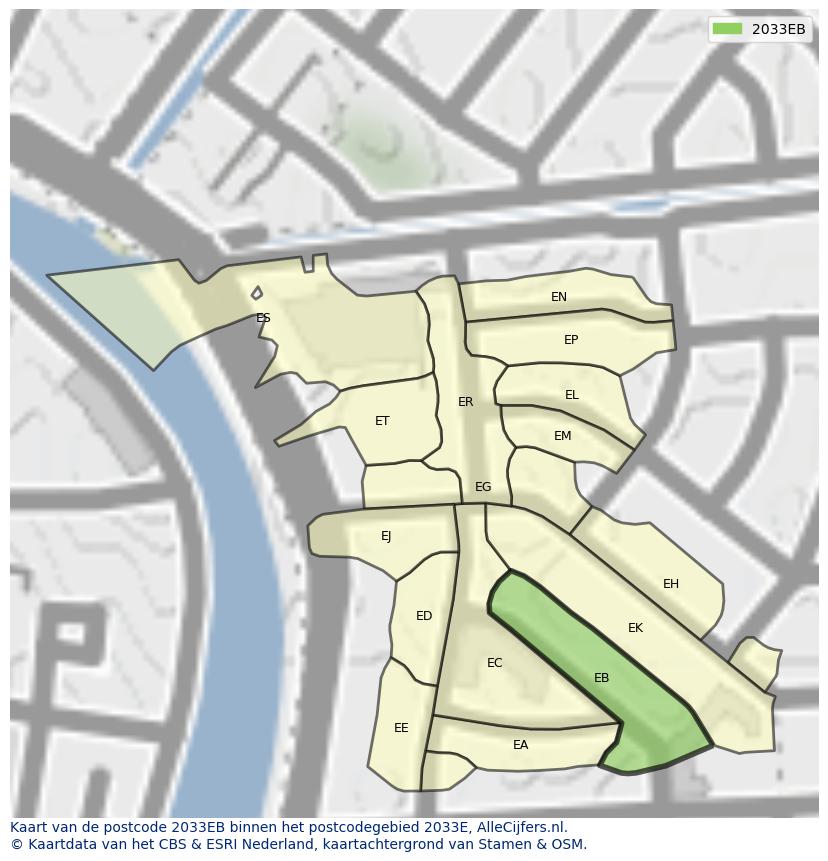 Afbeelding van het postcodegebied 2033 EB op de kaart.