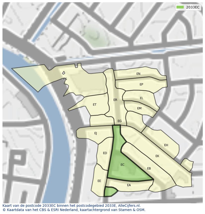 Afbeelding van het postcodegebied 2033 EC op de kaart.