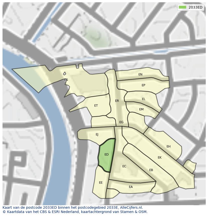 Afbeelding van het postcodegebied 2033 ED op de kaart.