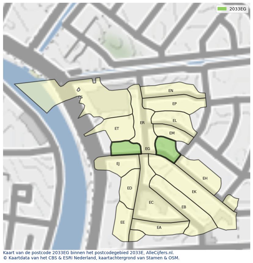 Afbeelding van het postcodegebied 2033 EG op de kaart.
