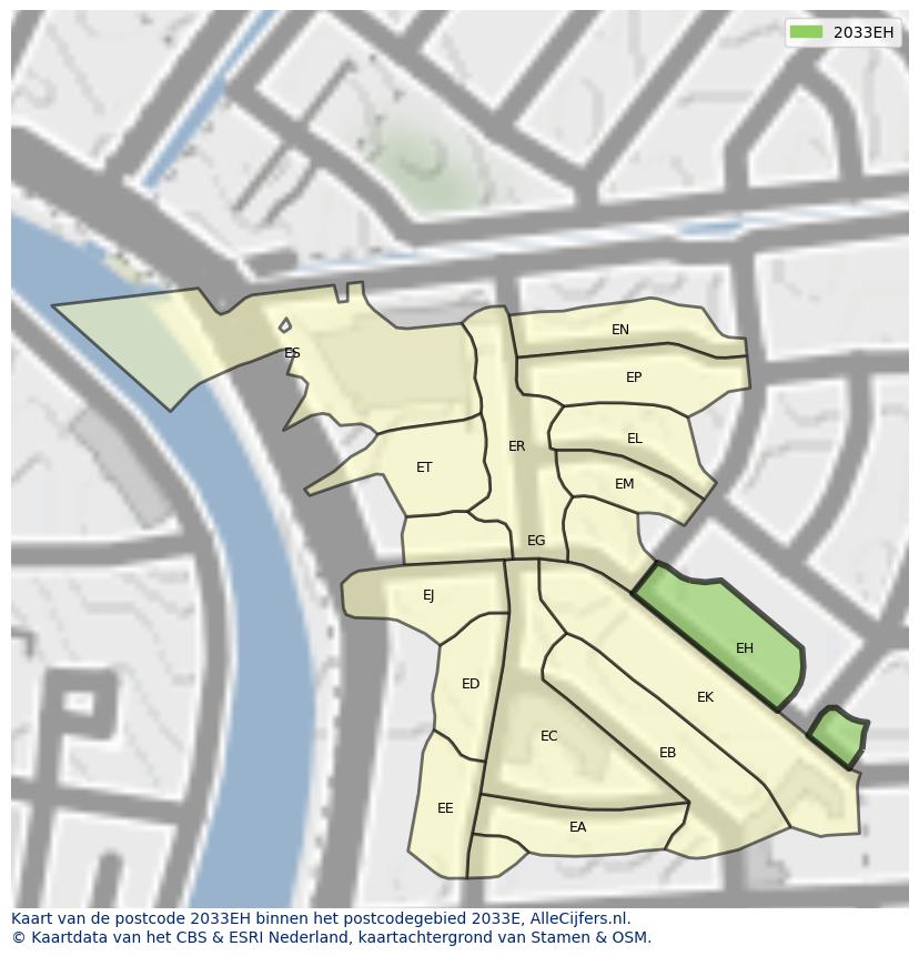 Afbeelding van het postcodegebied 2033 EH op de kaart.
