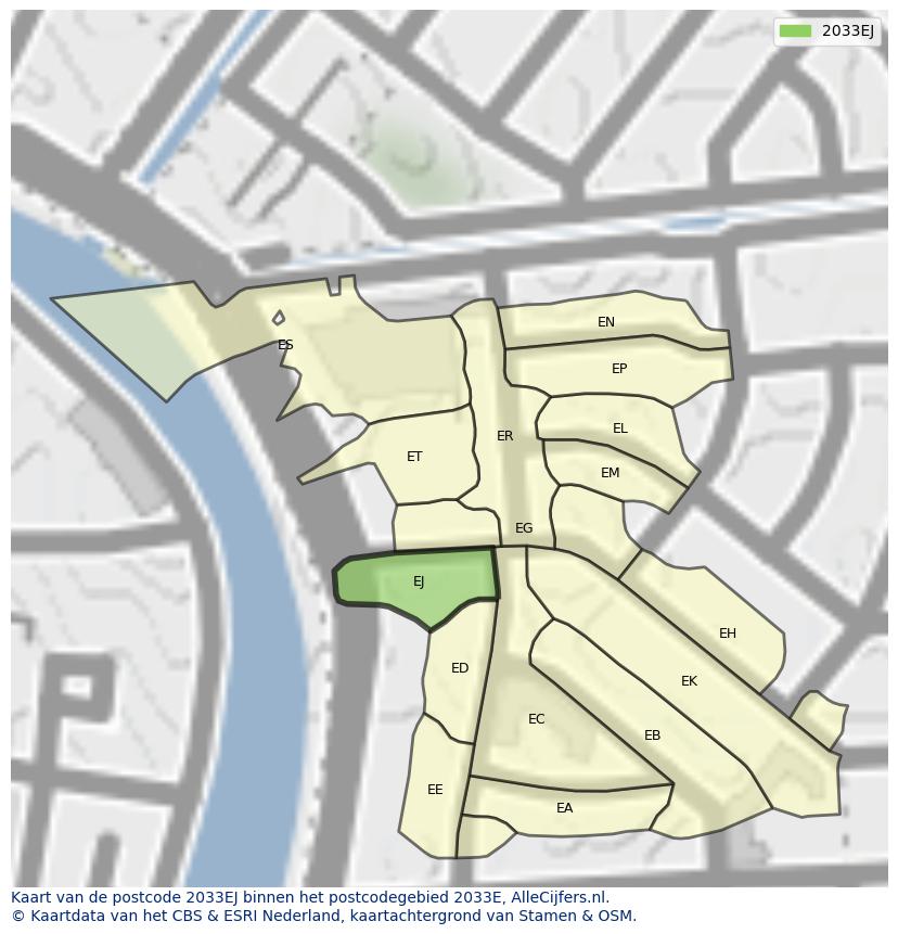 Afbeelding van het postcodegebied 2033 EJ op de kaart.
