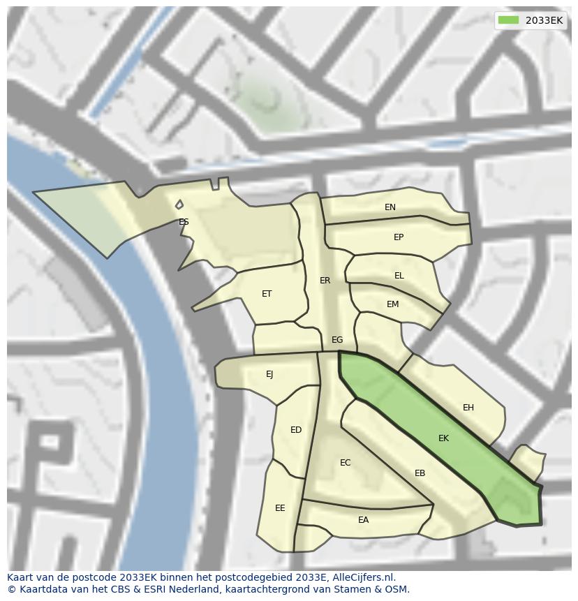 Afbeelding van het postcodegebied 2033 EK op de kaart.