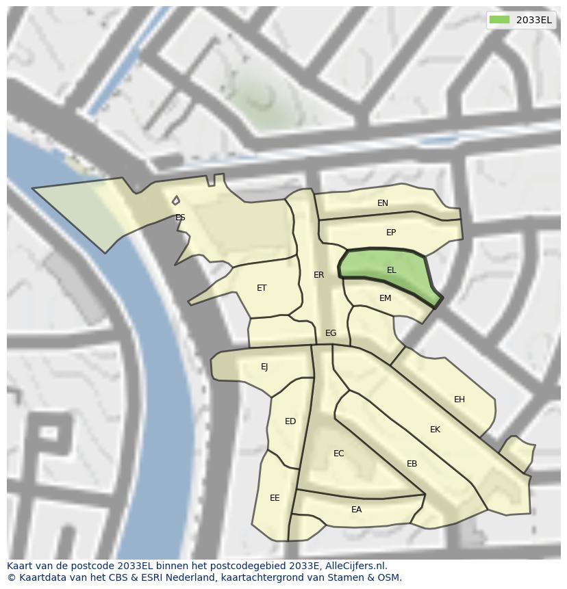 Afbeelding van het postcodegebied 2033 EL op de kaart.