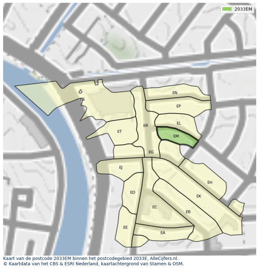 Afbeelding van het postcodegebied 2033 EM op de kaart.