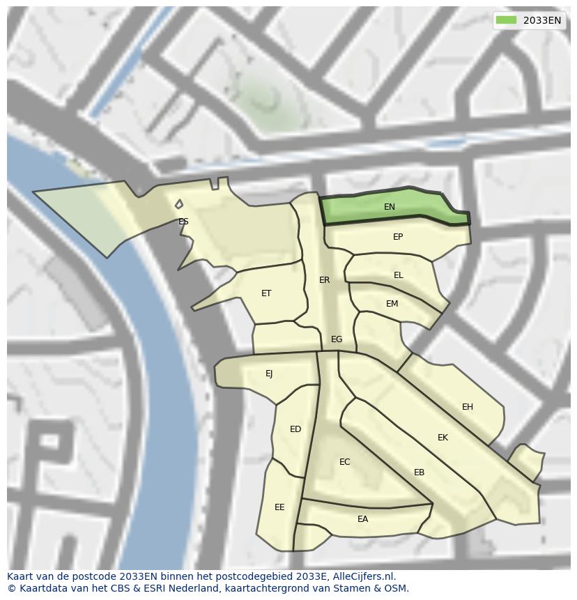 Afbeelding van het postcodegebied 2033 EN op de kaart.