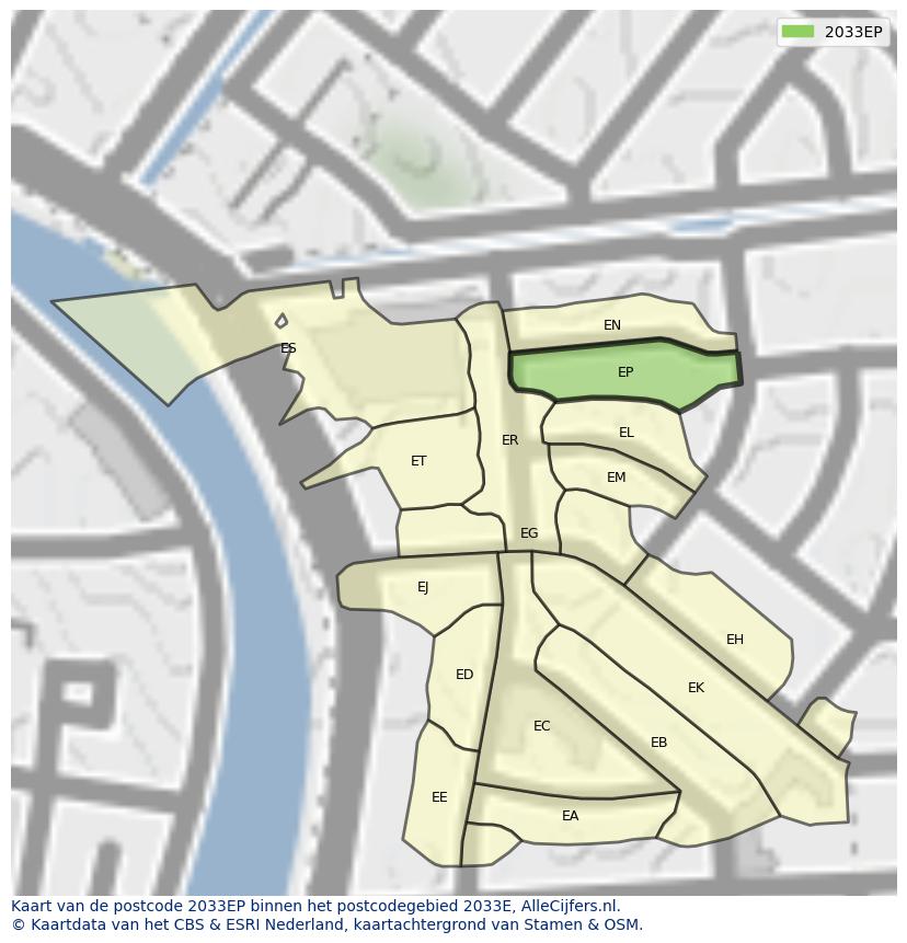 Afbeelding van het postcodegebied 2033 EP op de kaart.