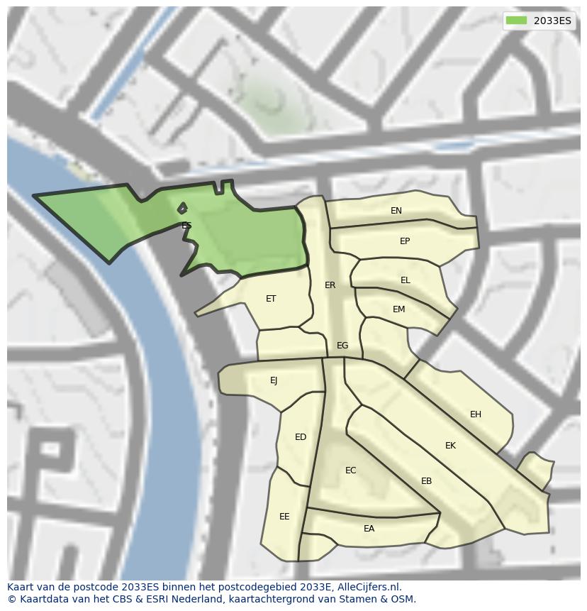 Afbeelding van het postcodegebied 2033 ES op de kaart.