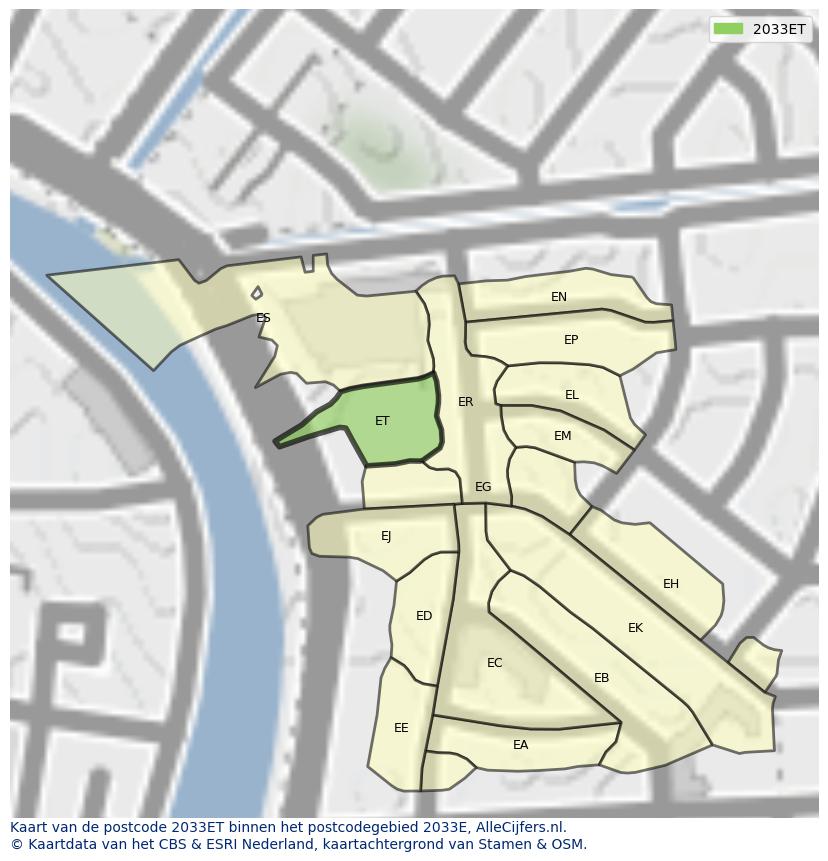 Afbeelding van het postcodegebied 2033 ET op de kaart.