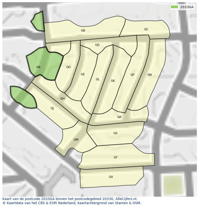 Afbeelding van het postcodegebied 2033 GA op de kaart.