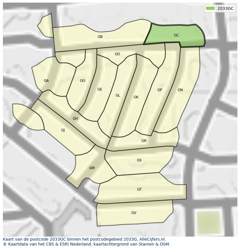 Afbeelding van het postcodegebied 2033 GC op de kaart.