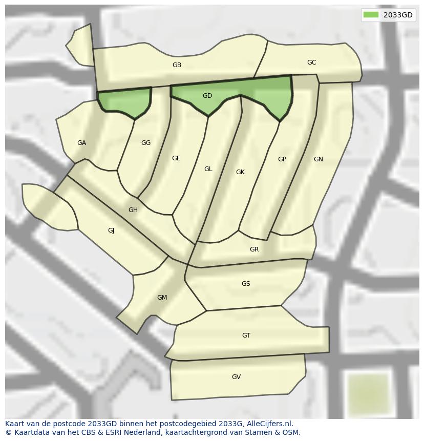 Afbeelding van het postcodegebied 2033 GD op de kaart.