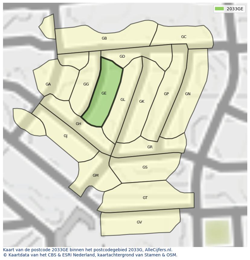 Afbeelding van het postcodegebied 2033 GE op de kaart.