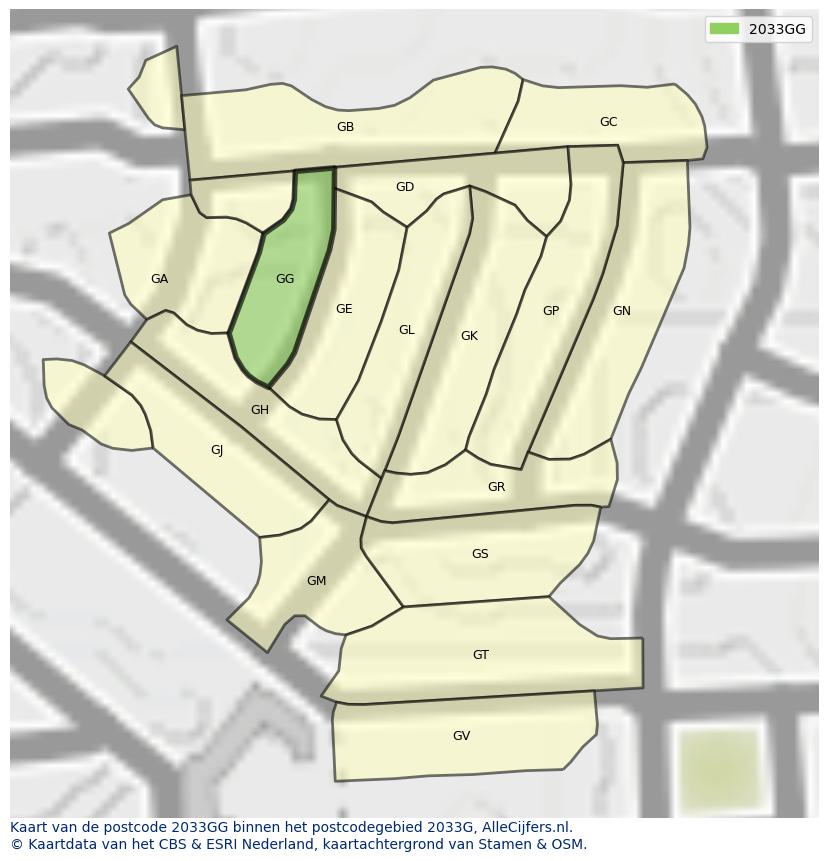 Afbeelding van het postcodegebied 2033 GG op de kaart.