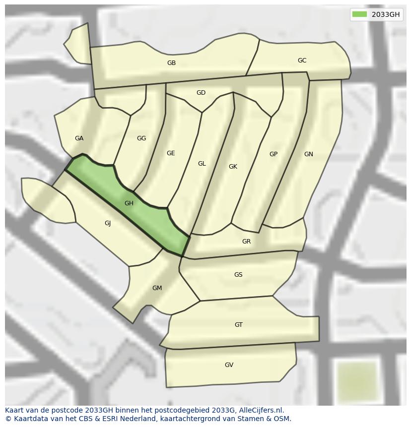 Afbeelding van het postcodegebied 2033 GH op de kaart.