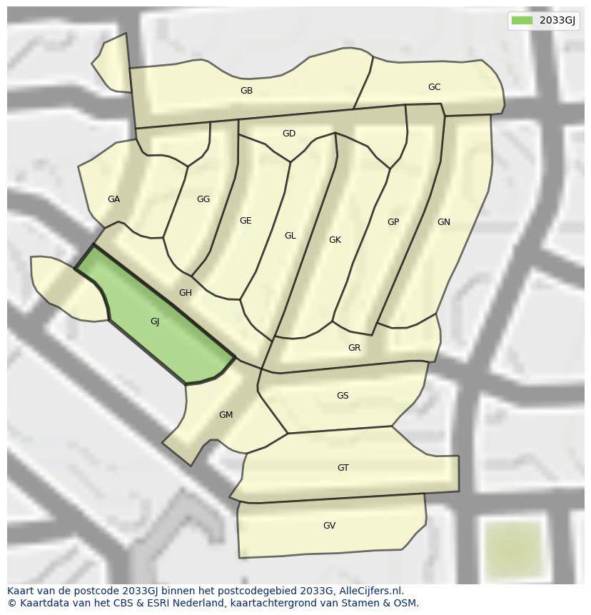 Afbeelding van het postcodegebied 2033 GJ op de kaart.