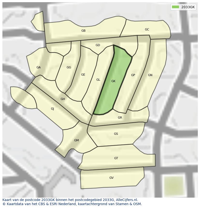 Afbeelding van het postcodegebied 2033 GK op de kaart.