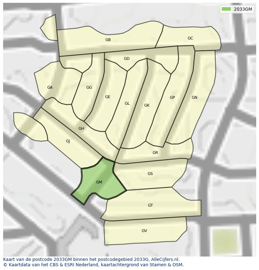 Afbeelding van het postcodegebied 2033 GM op de kaart.