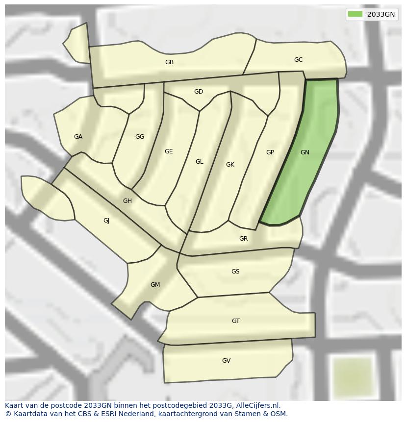 Afbeelding van het postcodegebied 2033 GN op de kaart.