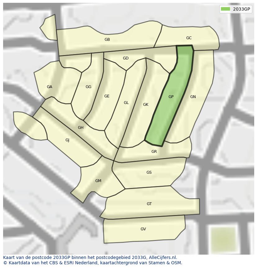 Afbeelding van het postcodegebied 2033 GP op de kaart.