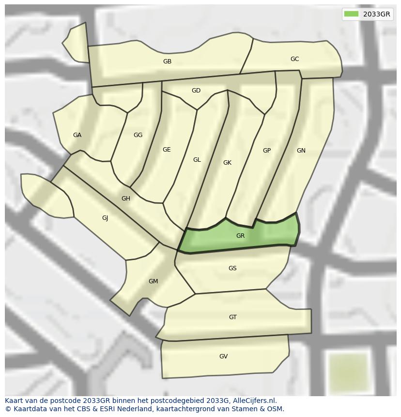 Afbeelding van het postcodegebied 2033 GR op de kaart.