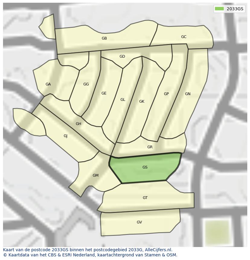 Afbeelding van het postcodegebied 2033 GS op de kaart.
