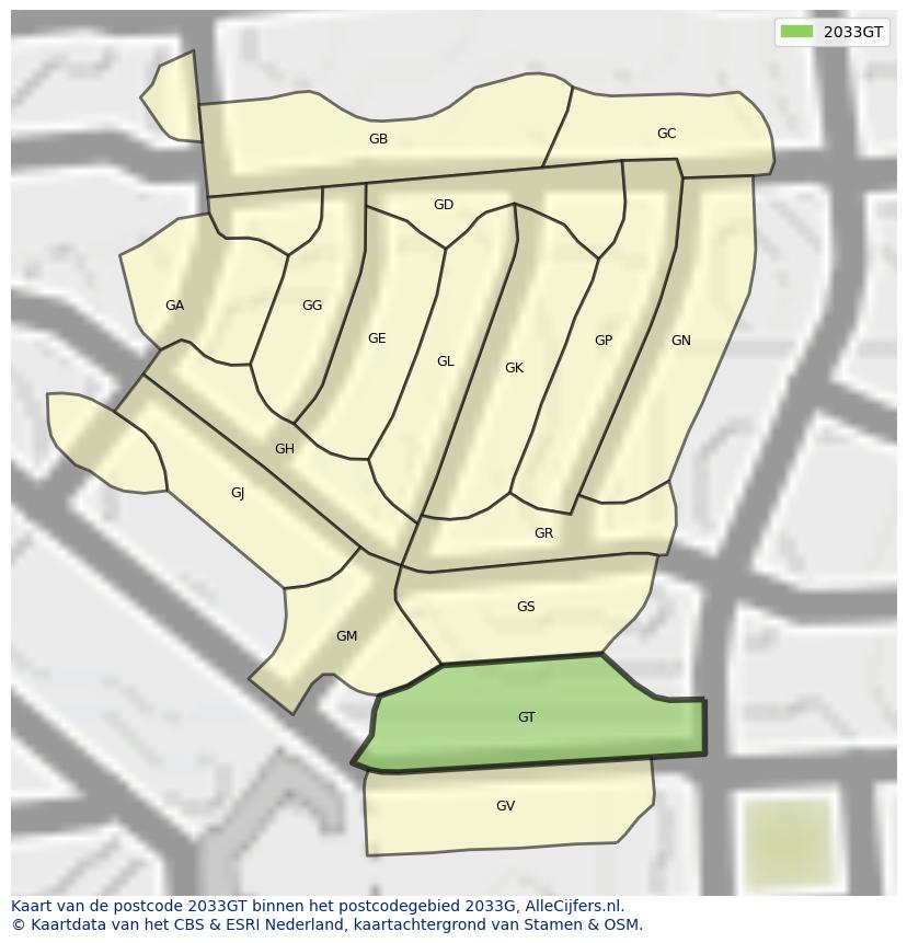 Afbeelding van het postcodegebied 2033 GT op de kaart.