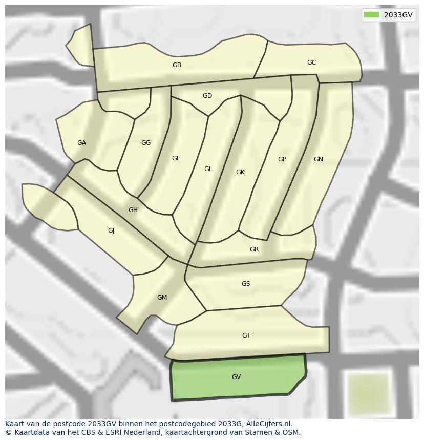 Afbeelding van het postcodegebied 2033 GV op de kaart.