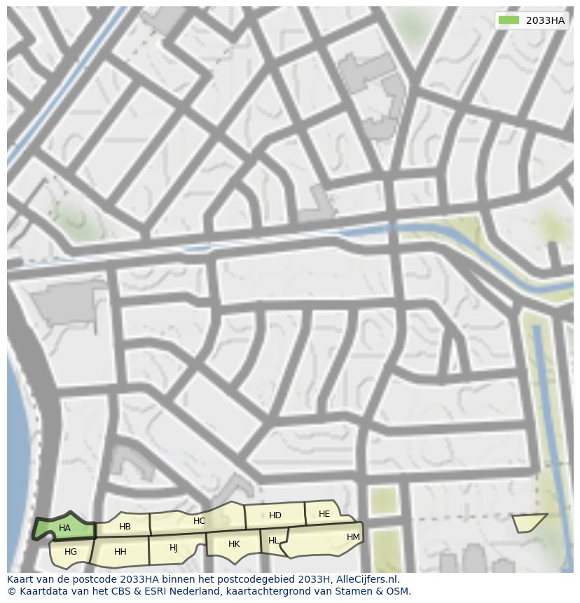 Afbeelding van het postcodegebied 2033 HA op de kaart.