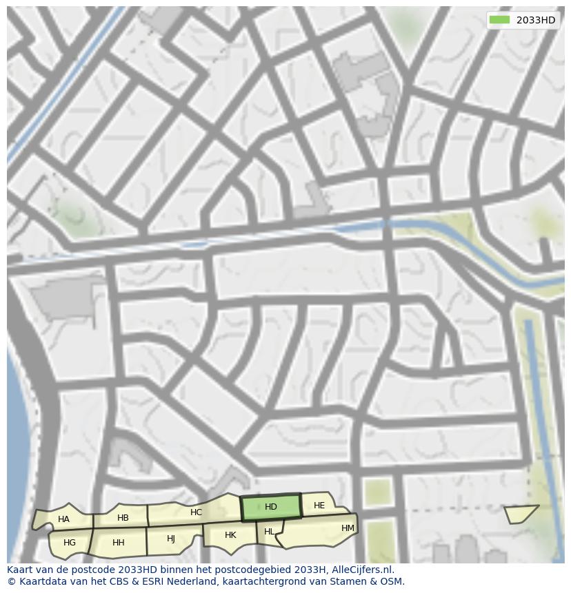 Afbeelding van het postcodegebied 2033 HD op de kaart.