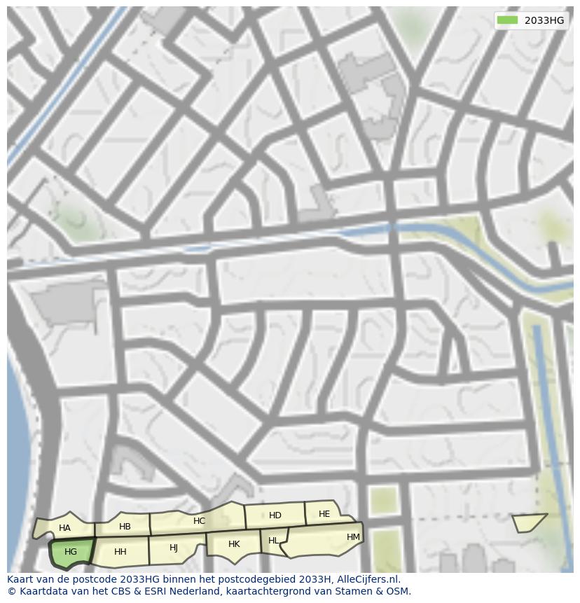 Afbeelding van het postcodegebied 2033 HG op de kaart.
