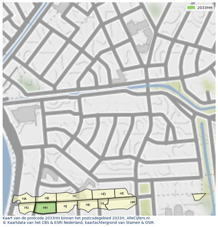 Afbeelding van het postcodegebied 2033 HH op de kaart.